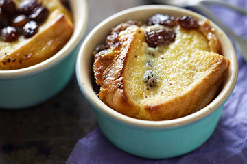 Bread and butter pudding with raisins