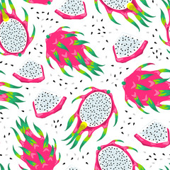 Seamless pattern with dragon fruits isolated on white background. Vector Illustration of the exotic tropical pitayas.