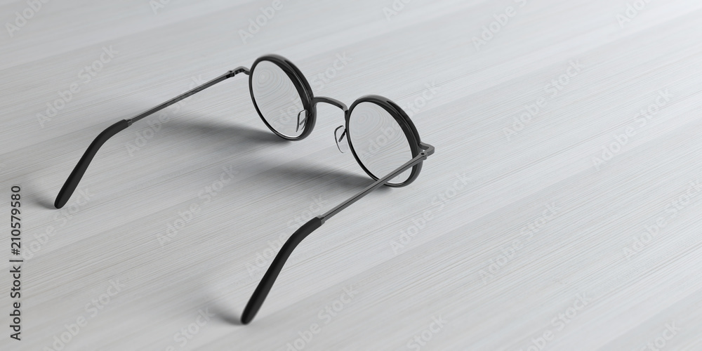 Sticker eyeglasses round black metallic with prescription lens, isolated on a wooden background, 3d illustra