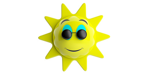 Emoji sun yellow with black round sunglasses smiling, cutout, isolated on a white background. 3d illustration.