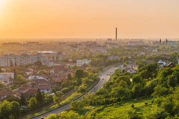 Obraz premium Oradea city viewed from above at sunset, Romania