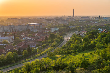 Oradea city viewed from above at sunset, Romania
