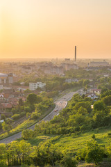 Obraz premium Oradea city viewed from above at sunset, Romania