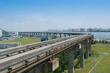 Picture of multi rails across to sky train moving under clear sky