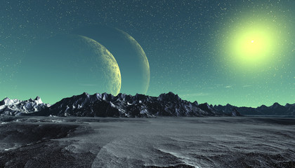 Alien Planet. Mountain and  water. 3D rendering