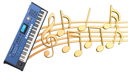 Musical concept. Synthesizer with music notes, 3d rendering