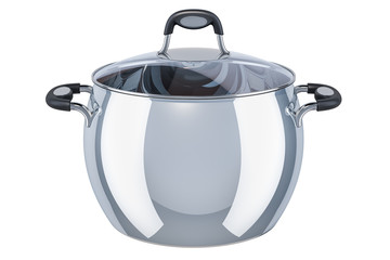 Stainless steel stock pot with glass cover, 3D rendering