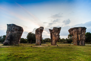 A Stonehenge of Thailand under clear  blue sky in front of green grass located at north east of Thailand