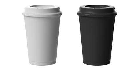 Coffee cups black and white, 2, with a lid, cutout, isolated on a white background, 3d illustration.