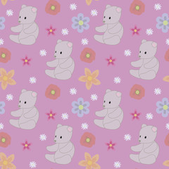 purple pink background gray teddy bear baby toy red blue flowers seamless vector pattern