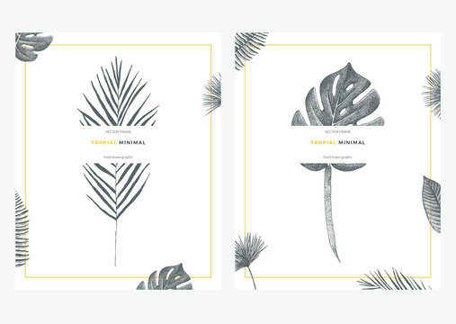 Vector contemporary greeting card set with tropical graphics in vintage style. Hand drawn collection of exotic plant template for birthday, business, anniversary, wedding, party invitation, holidays.