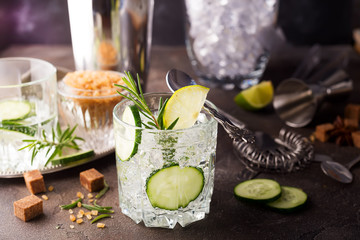 Homemade lime lemonade with cucumber, rosemary and ice