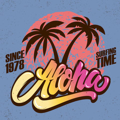 Aloha. Surfing time. Poster template with lettering and palms. © liubov