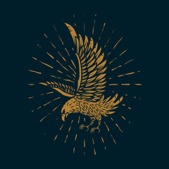 Eagle illustration in golden style on dark background. Design element for poster, card, sign, print.