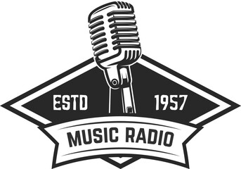 Music radio. Emblem template with retro style microphone. Design element for logo, label, sign.