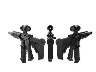 Black modern army assault rifles - back view