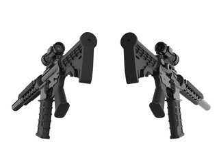 Two modern assault rifles - back view - low angle shot