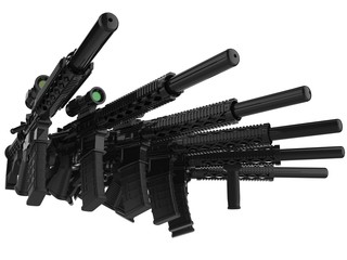 Black modern assault rifles stacked together