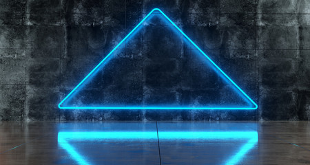 Concrete Wall Room With Blue Neon Light Triangle With Wooden Floor With Reflection 3D Rendering
