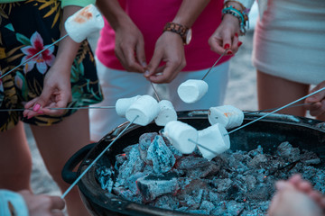 Group of friends are making their marshmallow on a barbecue in a beach. Summer time.