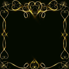 Vector golden frame with lights effects. Shining rectangle banner. on black background. Vector illustration, eps 10.