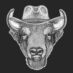 Buffalo, bison,ox, bull. Wild west. Traditional american cowboy hat. Texas rodeo. Print for t-shirt. Image for emblem, badge, logo, patch.