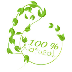 A round frame of branches with fresh green leaves with the inscription in natural