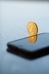 Set of cryptocurrencies with a golden bitcoin on the front as the leader. Bitcoin as most important cryptocurrency concept