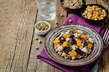 Roasted pumpkin and beet barley chickpeas pepita salad