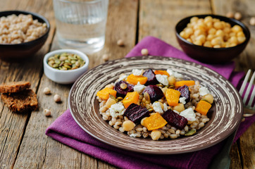 Roasted pumpkin and beet barley chickpeas pepita salad