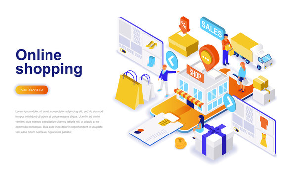 Online shopping modern flat design isometric concept. Sale, consumerism and people concept. Landing page template. Conceptual isometric vector illustration for web and graphic design.