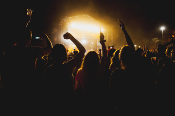 View of a concert with people or audience with hands in the air and clapping at a music festival....