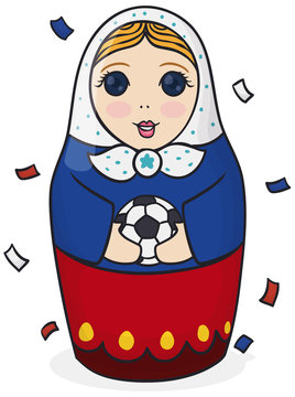Cute Russian Matryoshka Doll Holding a Soccer Ball under Confetti, Vector Illustration