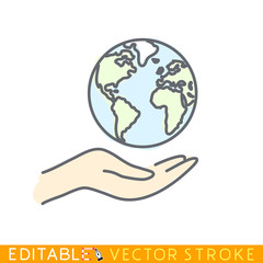 World in caring hand. Editable stroke sketch icon. Stock vector illustration.