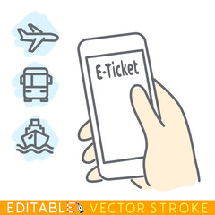E-ticket purchased via mobile phone. A plane online ticket, a bus online ticket or ship online ticket