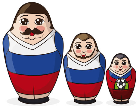 Three Matryoshka Dolls Painted like Soccer Players with Russian Colors, Vector Illustration