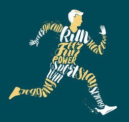 Jogging, fitness or run concept. Typographic design, vector illustration