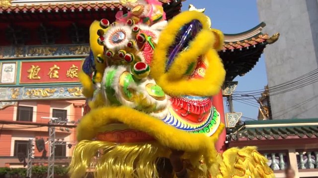 Chinese lion performing, slow motion
