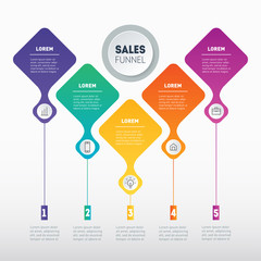 Business presentation concept with 5 options. Web Template of a sales pipeline, purchase funnel, info chart or diagram. Vector infographic of technology or education process with 5 steps.