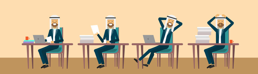arab businessmaman sitting at office desk in different poses, hard working business man process concept, banner, flat vector illustration