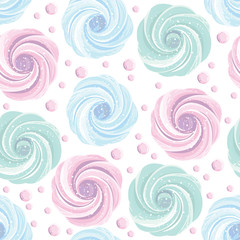 Colorful meringues zephyrs pastries cream on the white background. Dessert. Sweets and candies. Vector seamless pattern.