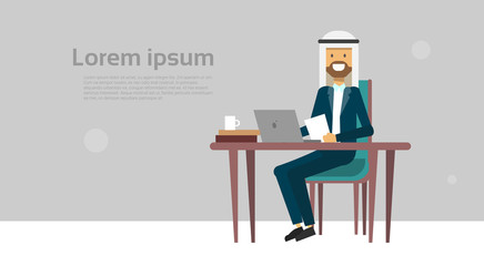 arab businessman sitting at office desk hold laptop, business man cofee break concept, flat vector illustration