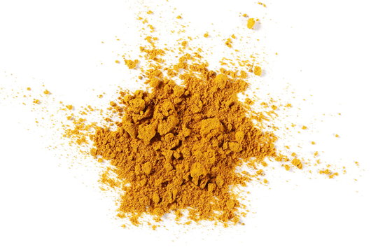 Turmeric (Curcuma) powder pile isolated on white background, top view