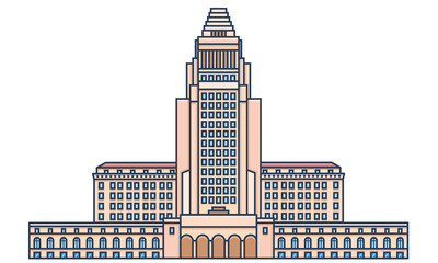 Los Angeles city hall building in thin line style. LA center of government, top rated attraction, popular sight - vector illustration in outline design.