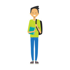 casual boy with backpack hold book, student full length avatar on white background, successful study concept, flat cartoon design vector illustration