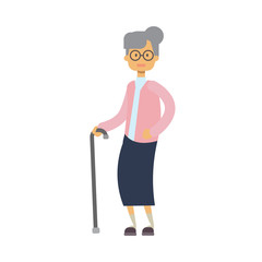 Old woman walking with stick. full length grandmother on white background cute grandma, tree of genus happy family concept, flat cartoon design vector illustration