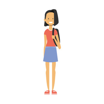 casual girl with backpack, happy student full length avatar on white background, successful study concept, flat cartoon design