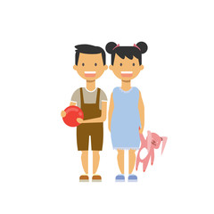 little girl hold toy rabbit and boy with ball , happy brother sister full length avatar on white background, successful frienship concept, flat cartoon design vector illustration