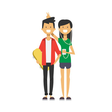 casual girl hold ipod and listen music in headphones put horns her boy happy teenagers full length avatar on white background, successful friendship concept, flat cartoon design vector illustration
