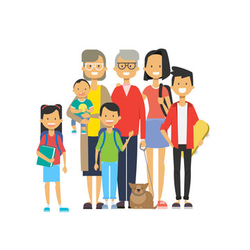 multi generation family together, grandfather grandmother and grandchildren with pets on white background, tree of genus happy family concept, flat cartoon design vector illustration